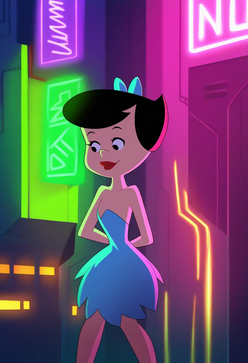 masterpiece, best quality, very aesthetic, absurdres,
1girl, betty, black hair, hair bow, short hair, black eyes,
red lipstick,
blue dress, strapless, bow, strapless dress,
cyberpunk city, neon light, cyberpunk background, <lora:BettyRubbleNoobXL_byKonan:1>