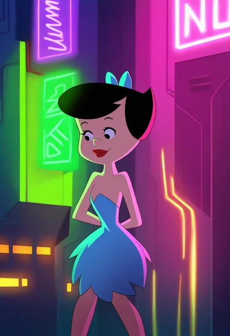 masterpiece, best quality, very aesthetic, absurdres,
1girl, betty, black hair, hair bow, short hair, black eyes,
red lipstick,
blue dress, strapless, bow, strapless dress,
cyberpunk city, neon light, cyberpunk background, <lora:BettyRubbleNoobXL_byKonan:1>