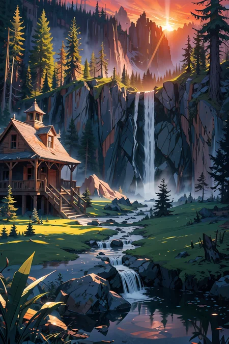 ruin,abandoned,ghost town,majestic landscapes,enchanted forests,silent atmosphere,nature,post-apocalypse,overgrown,glistening waterfalls,breathtaking sunsets,ethereal lighting,dreamlike colors,