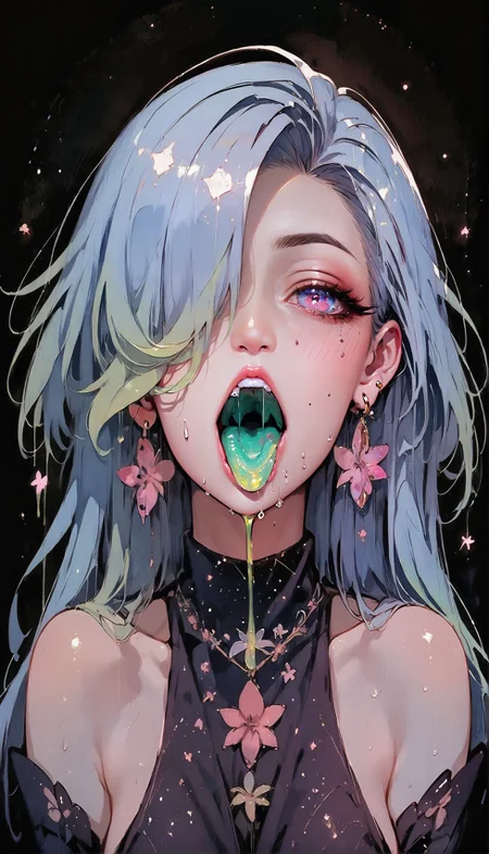 (score_9, score_8_up:1.1), score_7_up, masterpiece, best quality, highly detailed, 1 girl, solo, glowing eyes, glowing hair, bedroom eyes, jewelry, earrings, hair over one eye, looking down, open mouth, tongue out, green saliva, glowing hair, green hair, liquid hair, colored tongue, simple background, black background, green theme <lora:Expressive_H-000001> expressiveh <lora:Gothic Art 2 Style SDXL_LoRA_Pony Diffusion V6 XL:0.8> <lora:g0th1cPXL:0.8> g0thicPXL