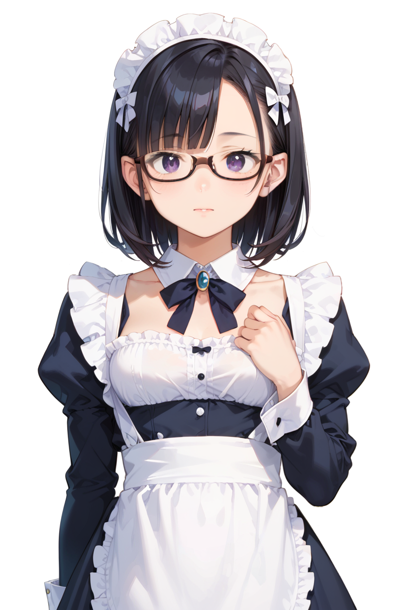 score_9, score_8_up, score_7_up, rating_safe, masterpiece, best quality, absurdres, unity 8k wallpaper, official art, official style, source_anime, uncensored, game cg, megami magazine,
1girl, solo, black hair, medium hair, upper body, covered eyes,maid, maid headdress, black dress, maid apron, face focus,
underrim_cell, glasses, still life, white background, simple background, under-rim eyewear, brown-framed eyewear, 
 <lora:glasses_underRimCell_PONY_V1:1>