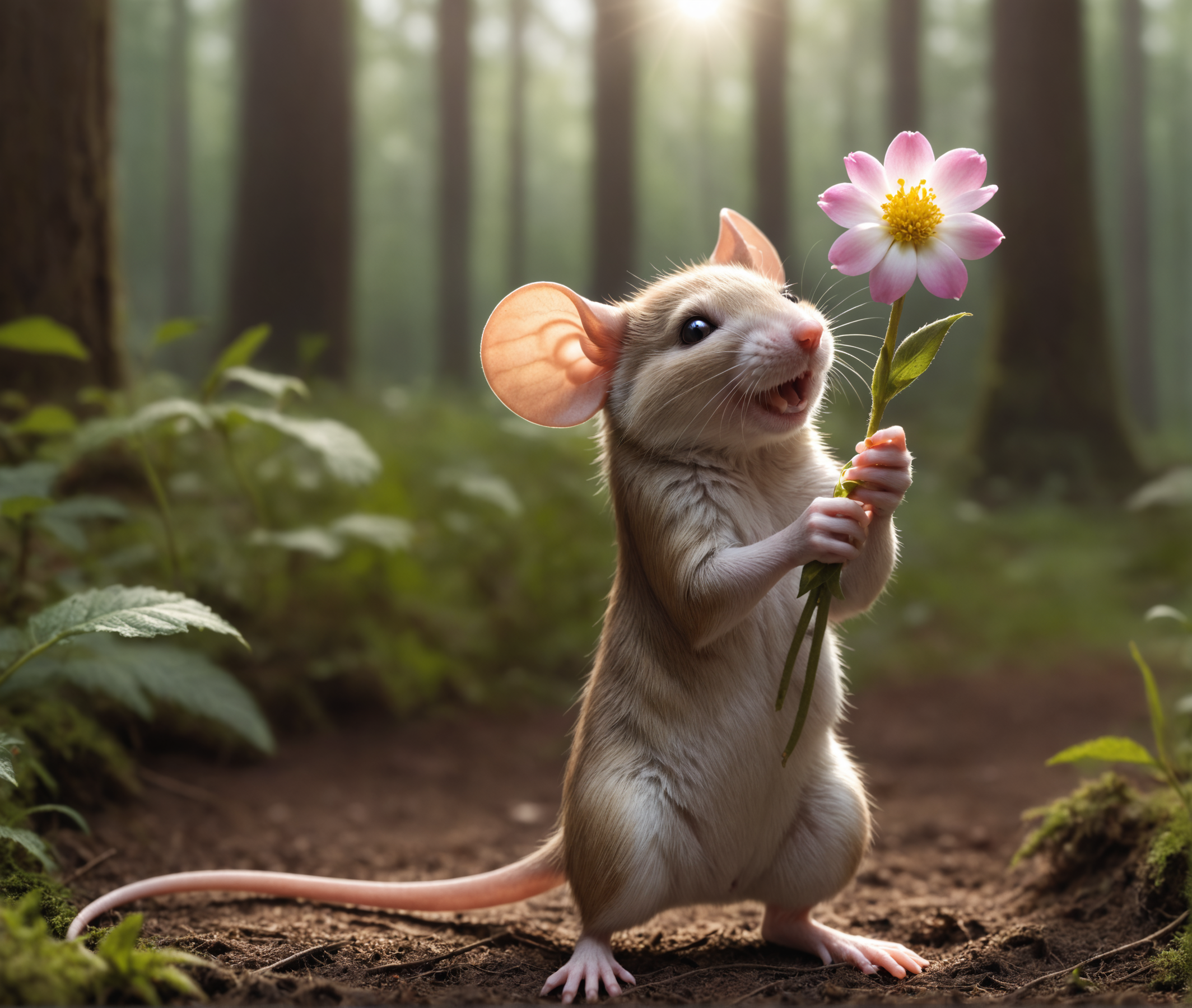 nature shot photo  a mouse is holding a flower, forrest ground, natural light <lora:Furry Enhancer 6.1:0.4>