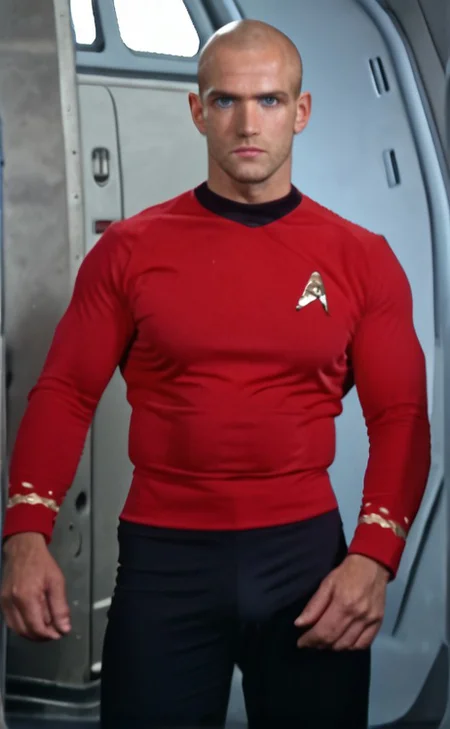 1boy, 20 year old male, Handsome, masculine, blonde, star trek, red shirt, muscle, tall, tight shirt, wide pectorals, big shoulders, wide shoulders, muscular neck, German, standing at attention, bald, big pale blue eyes, abs, biceps, serious facial expression, phaser, hand, long bulge in his pants,
1960 black dress pants, pants,
stunf, star trek uniform, uss enterprise ncc-1701 interior background, star trek, space ship interior, 1960s TV,