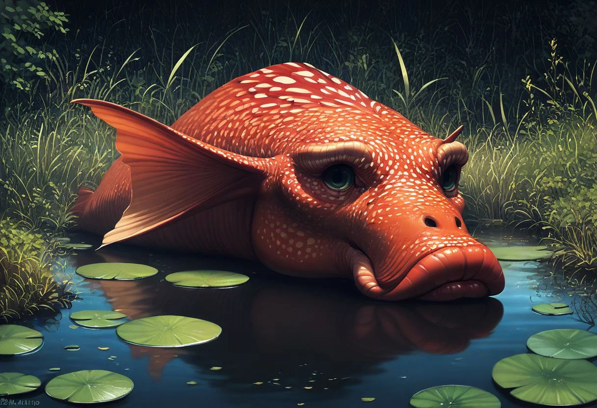 score_9, score_8_up, score_7_up, score_6_up, score_5_up, score_4_up, rating_safe,tpdne,source_cartoon,no humans,fish,lips,fins,outdoors,pond,animal focus