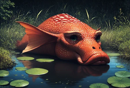 score_9, score_8_up, score_7_up, score_6_up, score_5_up, score_4_up, rating_safe,tpdne,source_cartoon,no humans,fish,lips,fins,outdoors,pond,animal focus