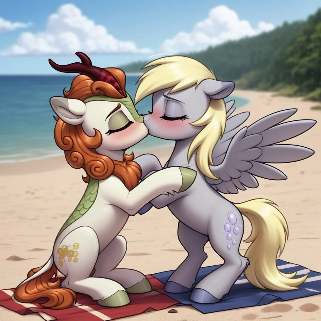 score_9, score_8_up, score_7_up, score_6_up, pony, feral, mare, duo female, (derpy hooves), Autumn Blaze, no breasts, beach, towel, outdoors, tail, photo_realistic, blushing female, anatomically correct, closed eyes, standing, side view, kissing,