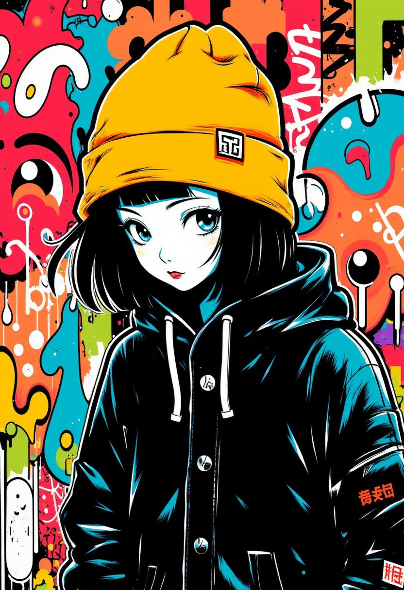 Create a vibrant, stylized digital drawing with elements of graffiti art. It features a young adult girl with pale skin and dark hair styled in a bob cut. She wears a bright yellow beanie hat with a small black square logo on the front, and a black hoodie with the hood up, obscuring her face except for her striking, almond-shaped eyes and slightly parted lips. The hoodie's texture is rendered with bold, exaggerated lines, giving it a cartoonish, almost anime-inspired appearance. The background is a mix of vibrant graffiti tags, bold shapes, and colorful doodles, creating a lively and energetic atmosphere. The dominant colors are shades of red, orange, yellow, blue, and green, enhancing the dynamic and urban feel of the artwork.