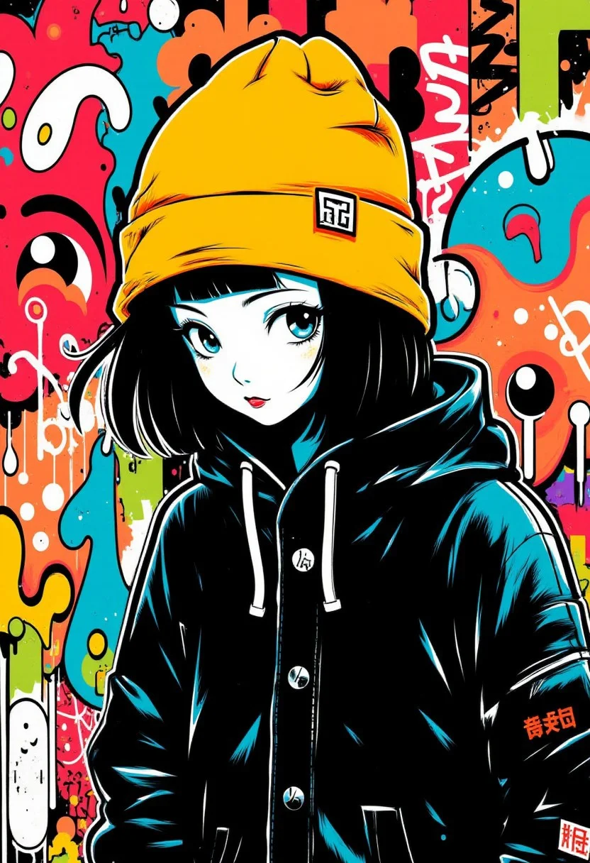Create a vibrant, stylized digital drawing with elements of graffiti art. It features a young adult girl with pale skin and dark hair styled in a bob cut. She wears a bright yellow beanie hat with a small black square logo on the front, and a black hoodie with the hood up, obscuring her face except for her striking, almond-shaped eyes and slightly parted lips. The hoodie's texture is rendered with bold, exaggerated lines, giving it a cartoonish, almost anime-inspired appearance. The background is a mix of vibrant graffiti tags, bold shapes, and colorful doodles, creating a lively and energetic atmosphere. The dominant colors are shades of red, orange, yellow, blue, and green, enhancing the dynamic and urban feel of the artwork.
