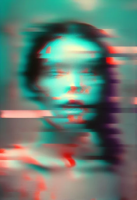 (real life, woman floating in space, seductively  looking at the viewer, clean brick red environment, grim style, horror lens effect, jarring optical effect, layered effects, dark shadows, hazy, grainy:1.2), (above pov, a woman looking aroused and eager, shocked, dark space, dark natural natural colors, HDR, 5mm:1.2), (glitch art by (Hans Feurer:1.1) and (Roe Ethridge:1.2)), glowing blue on black, hints of purple