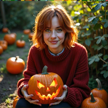 The photograph in question is a stunning production still, capturing a young woman with short red hair, dressed in a textured red wool sweater, sitting in a London garden during a sunny Halloween day.  She is holding a terrifying-looking carved pumpkin, with a red glowing from inside, in her hand.  The photograph is shot on 35mm film, providing a timeless and classic quality to the image. The lens used is sharp, rendering every detail of the scene with crisp clarity.
The photograph is taken from a low angle, looking up at the subject, creating a sense of intimacy and vulnerability. The close-up shot focuses on the subject's face and upper body, with a side profile view that showcases her candid smile and the warmth in her expressive eyes. Her green eyes are the focal point of the image, catching the light in a way that is both appealing and alluring.
The garden surrounding the subject is daytime autumn garden, with carved pumpkin all around, providing a natural and organic backdrop to the scene. The sunlight filters through the garden, casting a warm and inviting light on the subject's face. The professional lighting and color grading of the photograph enhance the clean and sharp film look, with even lighting that highlights the subject's light freckles, natural skin imperfections, and visible skin pores.
Overall, the photograph is a beautiful and evocative image that captures the spirit and personality of the young woman in a candid and authentic way. The combination of the 35mm film, sharp lens, low angle, and close-up shot creates a stunning visual that is both timeless and modern, making it a perfect production still for a movie.