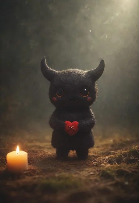 Blade Runner Style, darkness, Craft a heartwarming description for this adorable photo: Picture a small, simple, cuddly felt devil holding a felt pentagram in its tiny hands, gazing directly into the camera with a joyful smile. The scene is so sweet that it melts even the toughest hearts. Describe the loving atmosphere created by the combination of felt, smiles, and hearts.