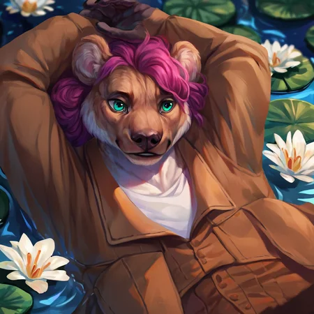 <lora:Biformis_Style_PonySDXL:0.8> by biformis, biformis,  score_9, score_8_up, score_7_up, score_6_up, score_5_up, score_4_up, source_furry,  brown bear, magenta hair, teal eyes, white body, clothed, clothing, detailed background, in a river, on back, male, rating_safe,