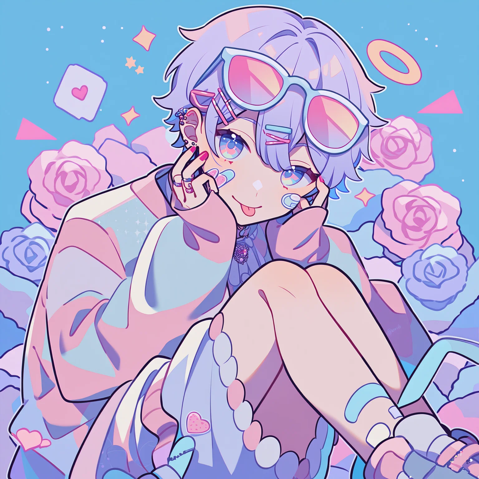 best quality, amazing quality, best aesthetic, amazing aesthetic, fairly nsfw, 2023, <lora:PastelStylePonyXL:1>, pastel style, pastel colors, 1boy, sticker, radiant, sticker on face, band-aid, halo, floating diamond, roses, intricate clothing, brooch, ring, bracelet, anklet, hair accessory, hair, short hair, sidelocks, lavender hair, tongue out, ear piercing, eyewear on head, hair ornament, hairclip, hands up, long sleeves, looking at viewer, multicolored nails, winking, piercing, pink-tinted eyewear, multicolored eyes, red nails, sleeves past wrists, solo, tinted eyewear, hands on cheek, shoes, sitting, garden