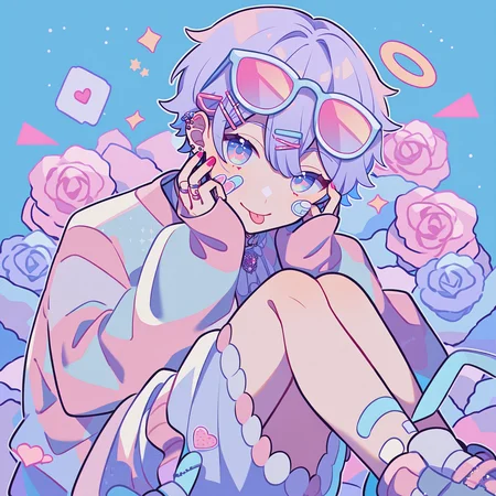 best quality, amazing quality, best aesthetic, amazing aesthetic, fairly nsfw, 2023, <lora:PastelStylePonyXL:1>, pastel style, pastel colors, 1boy, sticker, radiant, sticker on face, band-aid, halo, floating diamond, roses, intricate clothing, brooch, ring, bracelet, anklet, hair accessory, hair, short hair, sidelocks, lavender hair, tongue out, ear piercing, eyewear on head, hair ornament, hairclip, hands up, long sleeves, looking at viewer, multicolored nails, winking, piercing, pink-tinted eyewear, multicolored eyes, red nails, sleeves past wrists, solo, tinted eyewear, hands on cheek, shoes, sitting, garden