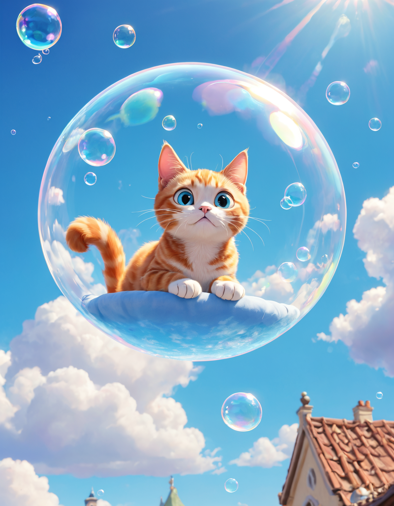 pixar style,  lots of bubble floating into the sky, a cat resting inside the bubble, blue sky, levitation, cute