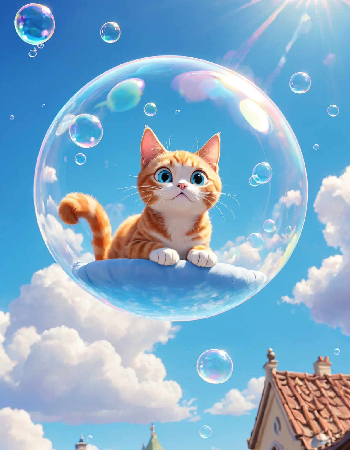 pixar style, lots of bubble floating into the sky, a cat resting inside the bubble, blue sky, levitation, cute