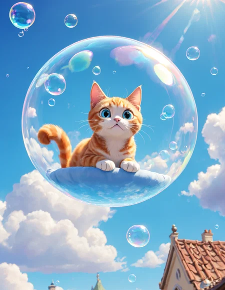 pixar style, lots of bubble floating into the sky, a cat resting inside the bubble, blue sky, levitation, cute