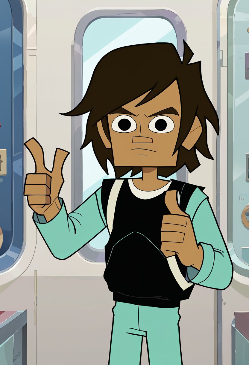 <lora:TwelveForever_Todd_Pony:0.9>, todd \(regular\), thumbs up, expressionless, todd, twelve forever, 1boy, solo, short hair, black eyes, space elevator, masterpiece, best quality, score_9, score_8_up, score_7_up
