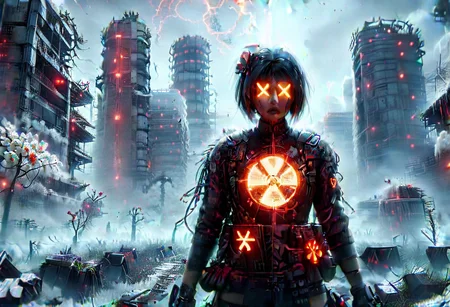 4D render, Chernobyl disaster, The nuclear power plant was destroyed after the explosion , Intercontinental ballistic missile Nuclear weapon, Russian alphabet, Apocalypse,girl, fire, detailed face, portrait, glowing x, minimalist outfit, anti social , falling snow, flower,cyberpunk art style,ruined ancient city,Professional styling, intricate details,8k post production, faithful, Religious denomination,