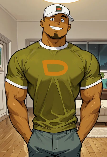 masterpiece, best quality, amazing quality, very aesthetic, absurdres, newest, high quality, detailed, DJTDI, broad shoulders, mature male, black eyes, muscular male, cartoon style, athletic build, human, dark skin, short hair, facial hair, goatee, indoors, green shirt, modern living room, standing, half body, smiling, looking at viewer, white hat, hands in pockets