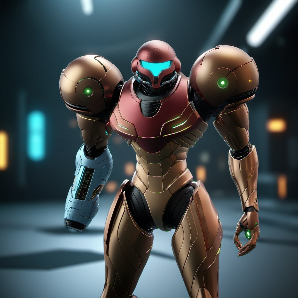 cinematic photo a robot, cyberpunk background <lora:Metroid1024:0.8> . 35mm photograph, film, bokeh, professional, 4k, highly detailed
