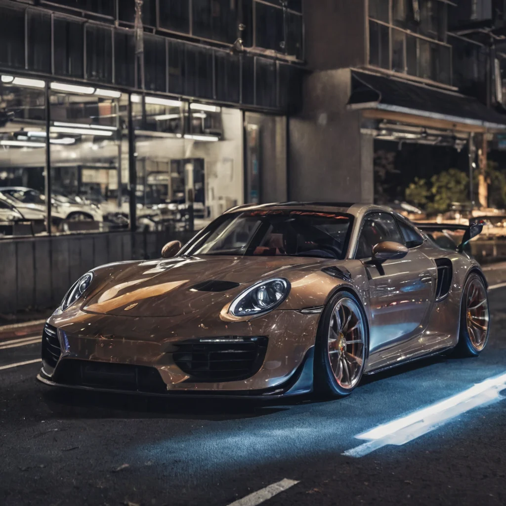Porsche in Tokyo, electromagnets as wheels, wheels of lightning, night photo, reflections, 4k, uhd, hdr
