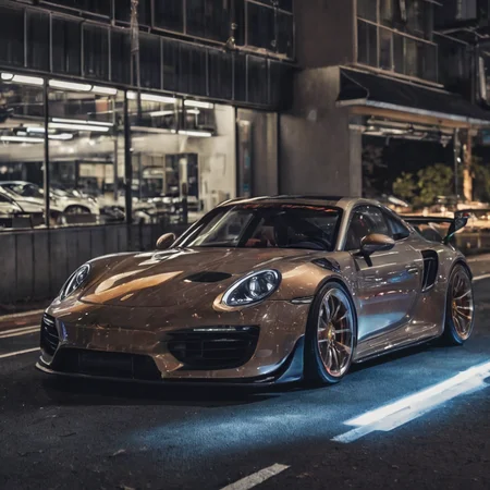 Porsche in Tokyo, electromagnets as wheels, wheels of lightning, night photo, reflections, 4k, uhd, hdr