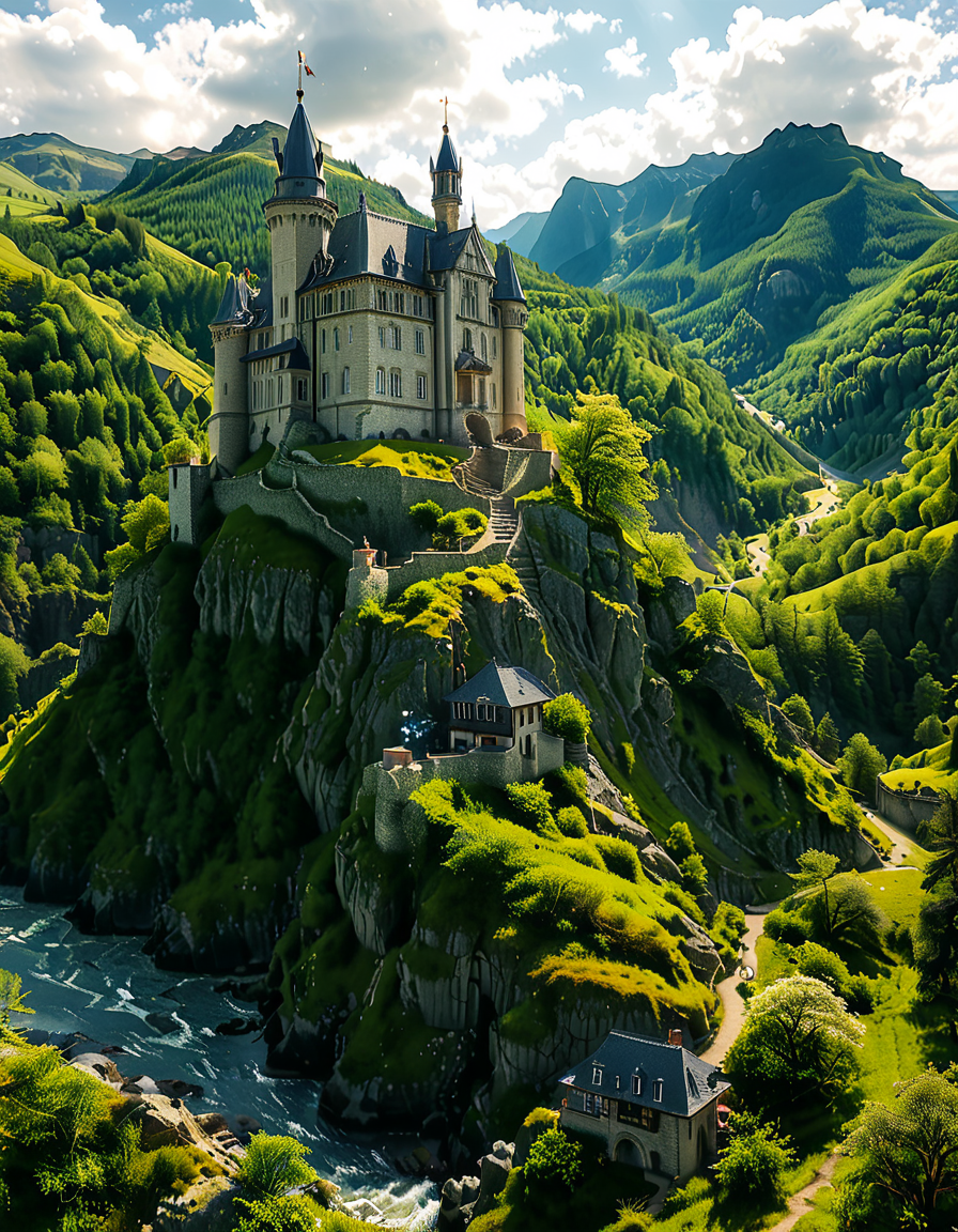 A realistic photograph of a grand medieval castle,medieval c4stl3, perched atop a rugged hill, surrounded by a scenic landscape. The castle is constructed from weathered gray stone, with tall, imposing towers, battlements, and a fortified wall encircling its perimeter. A large central keep rises above the other structures, its windows narrow and arched, evoking a sense of strength and history.
The hill is covered in patches of green grass and rocky outcrops, with a winding dirt path leading up to the castle gates. In the foreground, the surrounding countryside stretches out, dotted with small trees and wildflowers, while in the distance, rolling hills and a faint mist add depth and atmosphere to the scene. The sky above is partly cloudy, with rays of sunlight breaking through, casting dramatic shadows on the castle and hill.
The overall mood is majestic and timeless, capturing the grandeur and mystery of medieval architecture in harmony with its natural surroundings.<lora:SDXLFaeTastic2400:0.4> <lora:extremely_detailed:0.4> extremely detailed, <lora:medieval_c4stl3:1>, Masterpiece,best quality,hi res,8k,hi res,8k,award winning,(sharp focus, intricate, highly detailed),