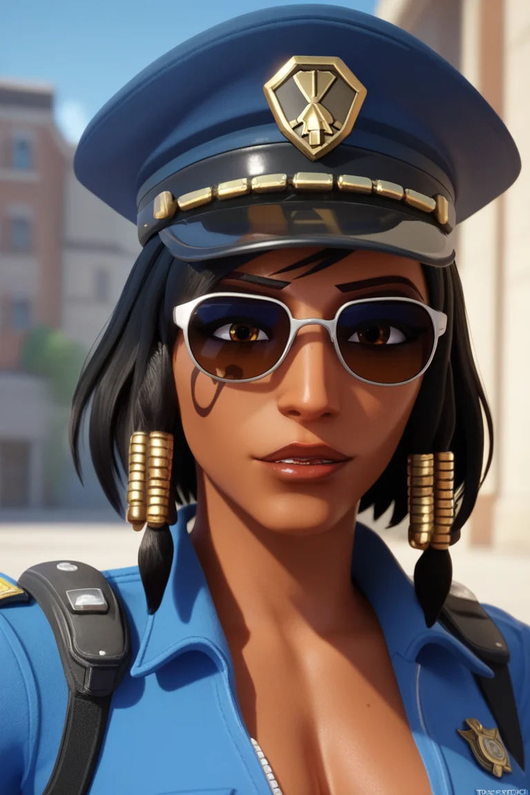 score_9, score_8_up, score_7_up, BREAK, <lora:owc-guy-PONYv1:1>, 1girl, solo, pharah \(overwatch\), police uniform, sunglasses, looking at viewer,