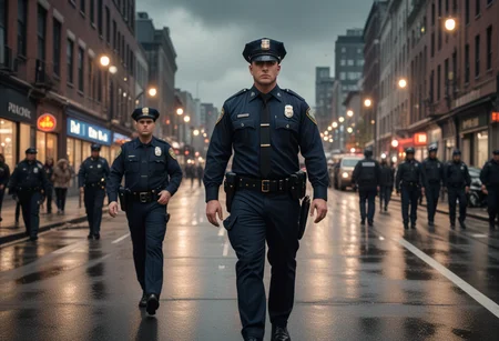 (medium full shot) of (long shot ) of police officer walking down the street, detailed face, located in an urban scene at a crowded bridge during rush hour with cloudy weather, illuminated by building lights, creating a energetic atmosphere, Masterpiece,best quality, photo, realistic, very aesthetic,