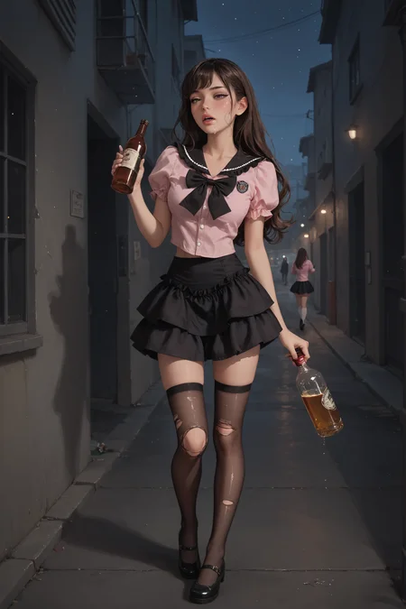 score_9, score_8_up, score_7_up, score_6_up, 1girl, solo, brown hair, long hair, layered skirt, pink shirt, short skirt, black skirt, frilled sailor collar, black bowtie, black sailor collar, full body, black thighhighs, mary janes, street, dark night, alley, drunk, half closed eyes, parted lips, saliva, holding bottle of alcohol, bottle in one hand, ripped thighhighs, dirty