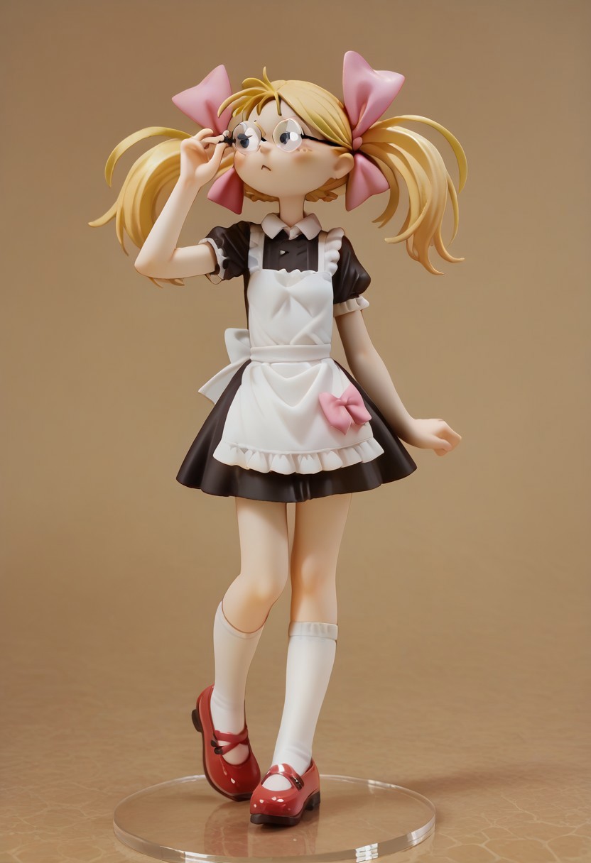 score_9, score_8_up, score_7_up, score_6_up, 1girl, solo, furled brow,  , <lora:tst:0.7> blonde hair, twintails with pink bows, round glasses, black short minidress, white apron, shoes with white socks <lora:Boli_Style:1> Boli, 3xt3nd3dupsk1rt,extended