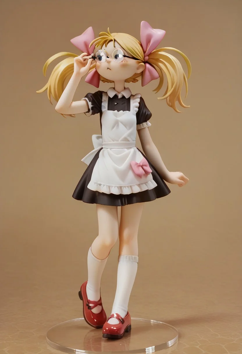 score_9, score_8_up, score_7_up, score_6_up, 1girl, solo, furled brow, , <lora:tst:0.7> blonde hair, twintails with pink bows, round glasses, black short minidress, white apron, shoes with white socks <lora:Boli_Style:1> Boli, 3xt3nd3dupsk1rt,extended