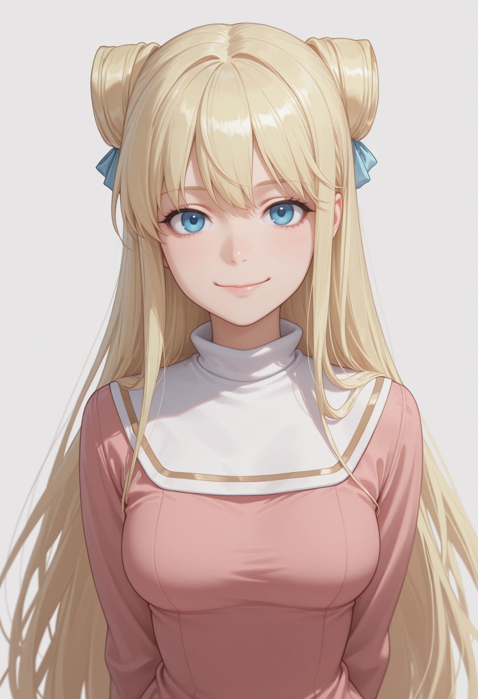 masterpiece,best quality,absurdres,highres,very aesthetic,high quality,detailed,insanely detailed,beautiful, arms behind back, smile, upper body, looking at viewer, solo, simple background, white background
 <lora:Laura Stuart Illu:1> 1girl, blonde hair, long hair, blue eyes,double bun, hair bun, pink dress, long sleeves, ,