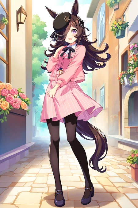 masterpiece,best quality,very aesthetic,absurdres,highres,newest,official art,official style,
1girl,solo,
rcs casual2,rice shower (umamusume),
animal ears,bangs,beret,black headwear,black pantyhose,black ribbon,
blurry,blush,brown hair,collared shirt,eyebrows visible through hair,
hair over one eye,hat,horse ears,horse girl,horse tail,jacket,long hair,long sleeves,
pink cardigan,pink dress,pink jacket,pink vest,pink skirt,purple eyes,ribbon,shirt,
skirt,striped,striped shirt,tail,tilted headwear,vertical stripes,vertical-striped skirt,
violet eyes,
standing,full body,
<lora:umamusume_rice_shower2_ill_v1.0:1>,