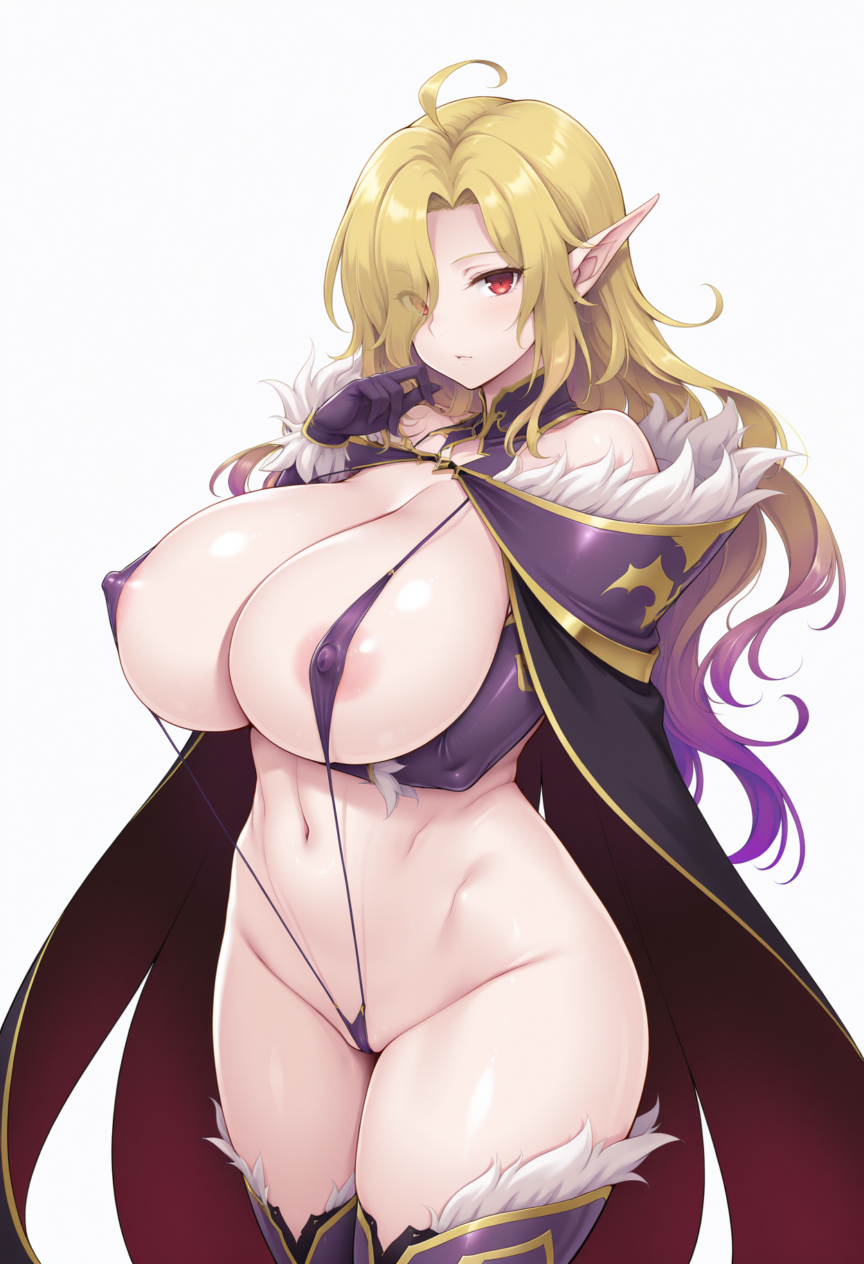 masterpiece, best quality,
1girl, solo,
standing,
looking at viewer,
<lora:Misery_Stentrem:1.0> M1s3r1St3ntr3m, blonde hair, purple hair, long hair, pointy ears, hair over one eye, gradient hair, ahoge, red eyes, huge breasts,
revealing clothes, slingshot swimsuit, areola slip, covered nipples, thighhighs, cape, fur trim,
white background, simple background,