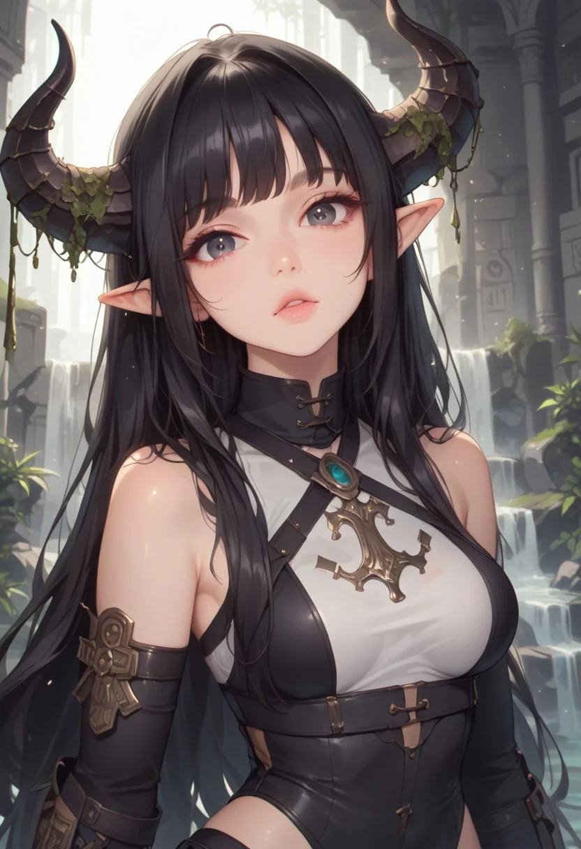 zPDXL3, score_9, score_8_up, score_7_up, rating safe, 1girl, elf girl, horns, solo, 21year old, black hair, messy ponytail, fringe, black eyes, medium breasts, petite body, glossy skin, wildling druid gear, animal bones as adornments, overgrown ruins, ancient statues, bright green moss, shimmering insects, distant waterfall, cool shadows, looking at viewer, eye contact, dutch angle, warm light, godrays, volumetric lighting, vivid colors, painterly, glitch art photo,