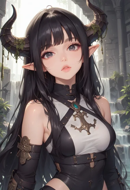 zPDXL3, score_9, score_8_up, score_7_up, rating safe, 1girl, elf girl, horns, solo, 21year old, black hair, messy ponytail, fringe, black eyes, medium breasts, petite body, glossy skin, wildling druid gear, animal bones as adornments, overgrown ruins, ancient statues, bright green moss, shimmering insects, distant waterfall, cool shadows, looking at viewer, eye contact, dutch angle, warm light, godrays, volumetric lighting, vivid colors, painterly, glitch art photo,