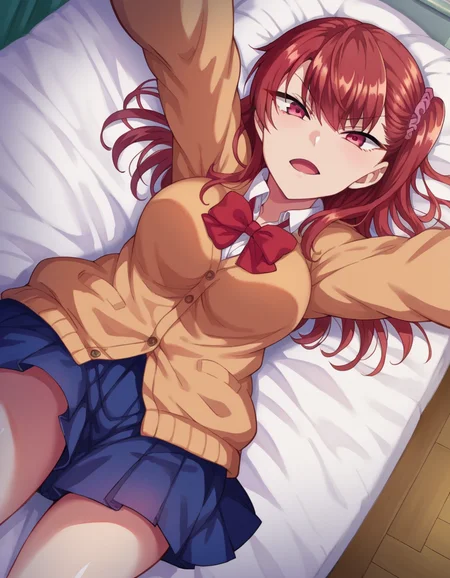 score_9, score_8_up, score_7_up, source_anime,
izuminogami, <lora:izumi-nogami-ponyxl-lora-nochekaiser:1>
izumi nogami, red hair, one side up, medium hair, scrunchie, red eyes,
skirt, school uniform, pleated skirt, shoes, socks, cardigan, brown cardigan,
indoors, bed, bed room, on back, arm support, arms up, incoming hug, pov, reaching, reaching towards viewer,
looking at viewer, dutch angle, cowboy shot,