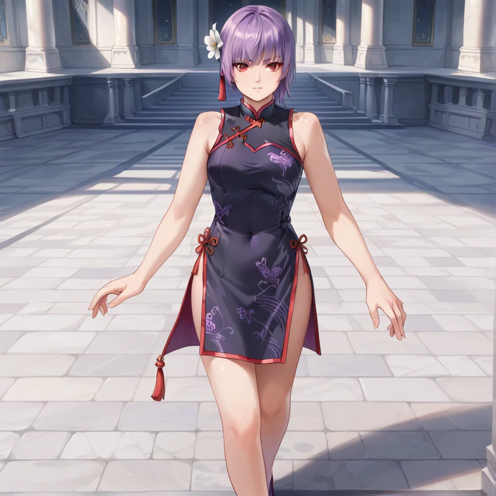 score_9, score_8_up, score_7_up, masterpiece, high quality, , ultra detail, ultra quality, 8k,
solo, <lora:ayanev2:1>ayane, red eye, purple hair, short hair, , ayanemandarin, mini china dress, hair flower, side slit, bare foot,, in folest ,, walking away pose, walking away with a confident and alluring stride, creating a captivating and mysterious pose
