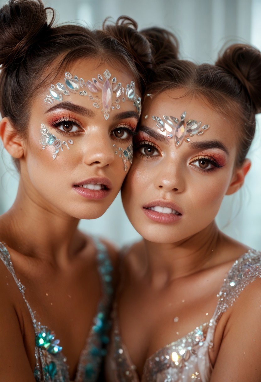 2girls, brown hair, black hair, jewelry, brown eyes, parted lips, teeth, dark skin, hair bun, dark-skinned female, double bun, makeup, portrait, gem, eyeshadow, face jewel, looking at viewer, source_anime, score_9, score_8_up, score_7_up, score_6_up, score_5_up, score_4_up