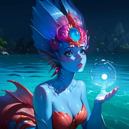score_9, score_8_up, (high quality), highly detaily , Expressiveh, solo, beautiful, 1 girl, Kiora, Kiora from Magic: The Gathering, merfolk, (((monster girl))), monster, blue skin, beautiful eyes, opened eyes, (perfect body), (she is in the ocean)