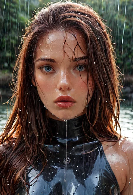 score_9, Raw Photo, (wet portrait shot:1.2), 4ng3l face, sorrowful blue eyes with raindrops, wet brown hair slicked back:1.1, water droplets on skin, high cheekbones, downturned soft lips:1.2, no smile:1.4, rain-soaked expression, flawless wet skin:1.2, perfect face symmetry:1.2, grief in eyes, ultra sharp facial details:1.4, wet sleek bodysuit reflecting light, moody rain lighting:1.3, cinematic color grading, sharp details:1.4, realistic skin texture:1.4, super detailed, film grain:0.2, hyperdetailed:1.15, photo realistic, masterpiece