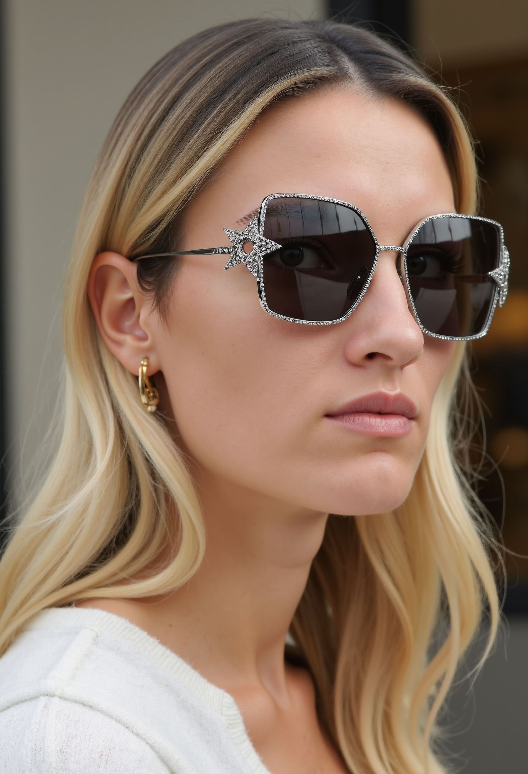 clo035, head shot of a beautiful woman, wearing a Christian Dior sunglasses with a metal frame and black lenses. The sunglasses have a star-shaped design. white shirt, blonde hair, looking in the camera, smiling, in a fashion store