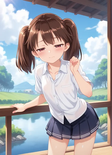 detailed background, shiny skin, posing, rating safe, full color,
<lora:karoti.pony:1>,
karoti, ryuujou, white shirt, pleated skirt, leaning forward, outdoors, sun, sky,
brown hair,
half-closed eyes, smug,, BREAK ,anime screencap, anime coloring,, , shiny, shiny skin, shiny hair, soft body,, BREAK ,score_9, score_8_up, score_7_up, detailed face, detailed body, best background, detailed background, uncensored,, , <lora:HandFineTuning_XL:1>,, , (5 finger:0.8),