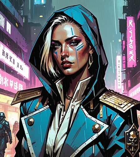 (Naomi Campbel,a girl with a beautiful face), nighttime, cyberpunk city, dark, raining, neon lights, ((Wearing a blazer over a hoodie)), blazer, hoodie,(cyberpunk 2077 cityscape), (<lora:DiscoDeliriumXL-v1.2:0.5> disco elysium ), cyberpunk 2077, cyberpunk, synthwave, 1980s, futurism, brutalism, neuromancer, cinematic photo,, leading a horde army, thousands of warriors, futuristic attire, future soldier, in wh40k, Warhammer 40,000, death korps of krieg, dkok, astra militarum, space marines, epic battle, only war, wearing huge pauldrons, WWI, trenches, dirt, battle,Pastels, Chiaroscuro