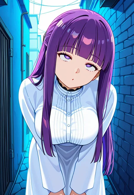 masterpiece, best quality, highres,(crossed eyes:1.5),(rolling eyes:1.2),wide eyed,o,head tilt,Alley,midnight, (leaning forward:1.5), 1girl, solo, Fern (Sousou no Frieren),purple hair, long hair, bright pupils, blunt bangs, cross3d_3y3s, crossed_eyes, empty_eyes, <lora:Crossed_eyes_-_Hypnosis_-_Illustrious:1.5>