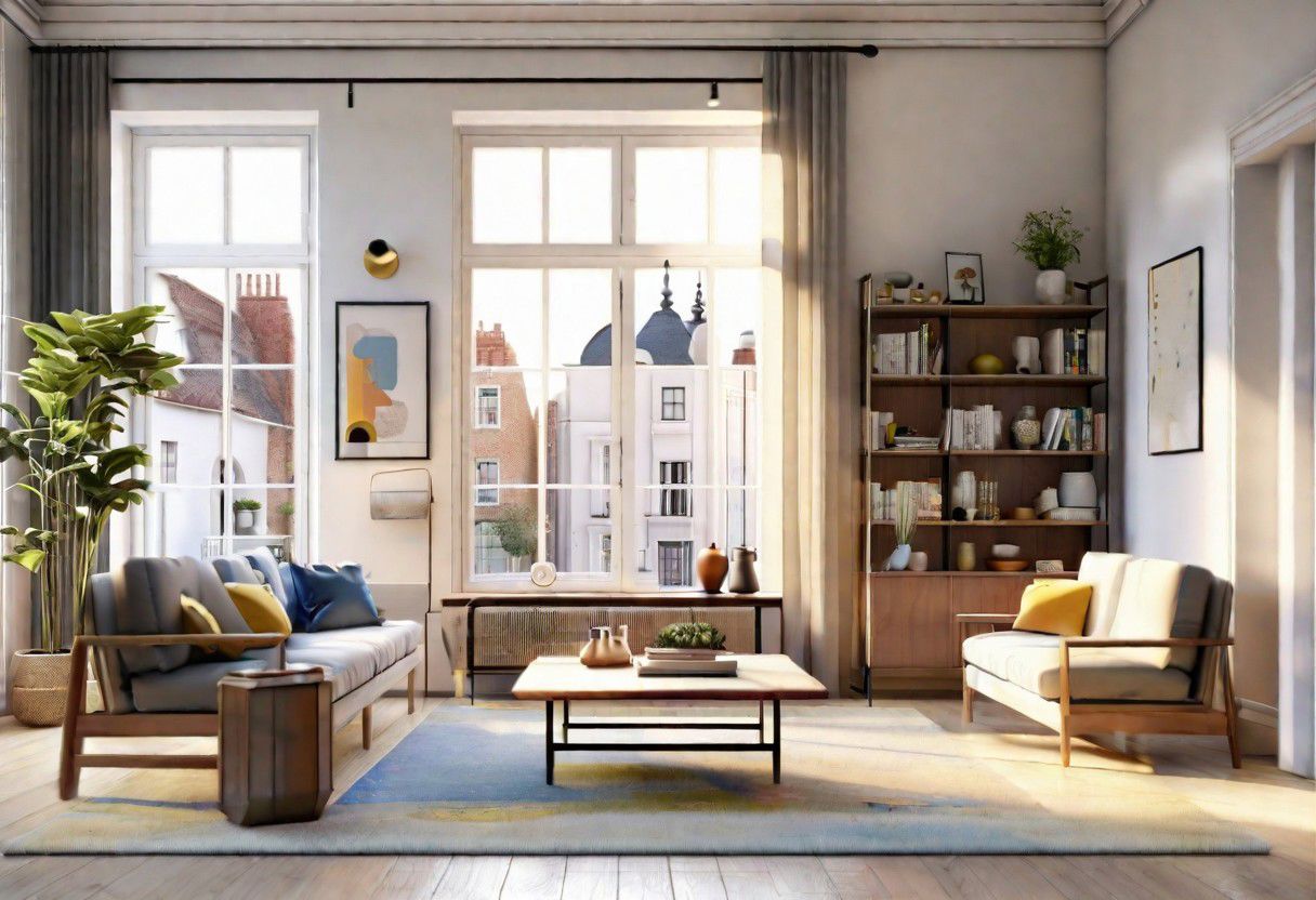 ((front view)), Shallow scene, ((animation style)), modern-style interior, with white walls, (large windows), Nordic-style furniture, a  study, Sofa, coffee table, bookcase, single wall, 
warm light morning sun, (the view of the city)