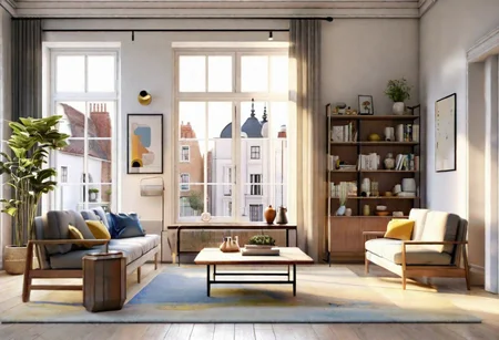 ((front view)), Shallow scene, ((animation style)), modern-style interior, with white walls, (large windows), Nordic-style furniture, a  study, Sofa, coffee table, bookcase, single wall, 
warm light morning sun, (the view of the city)