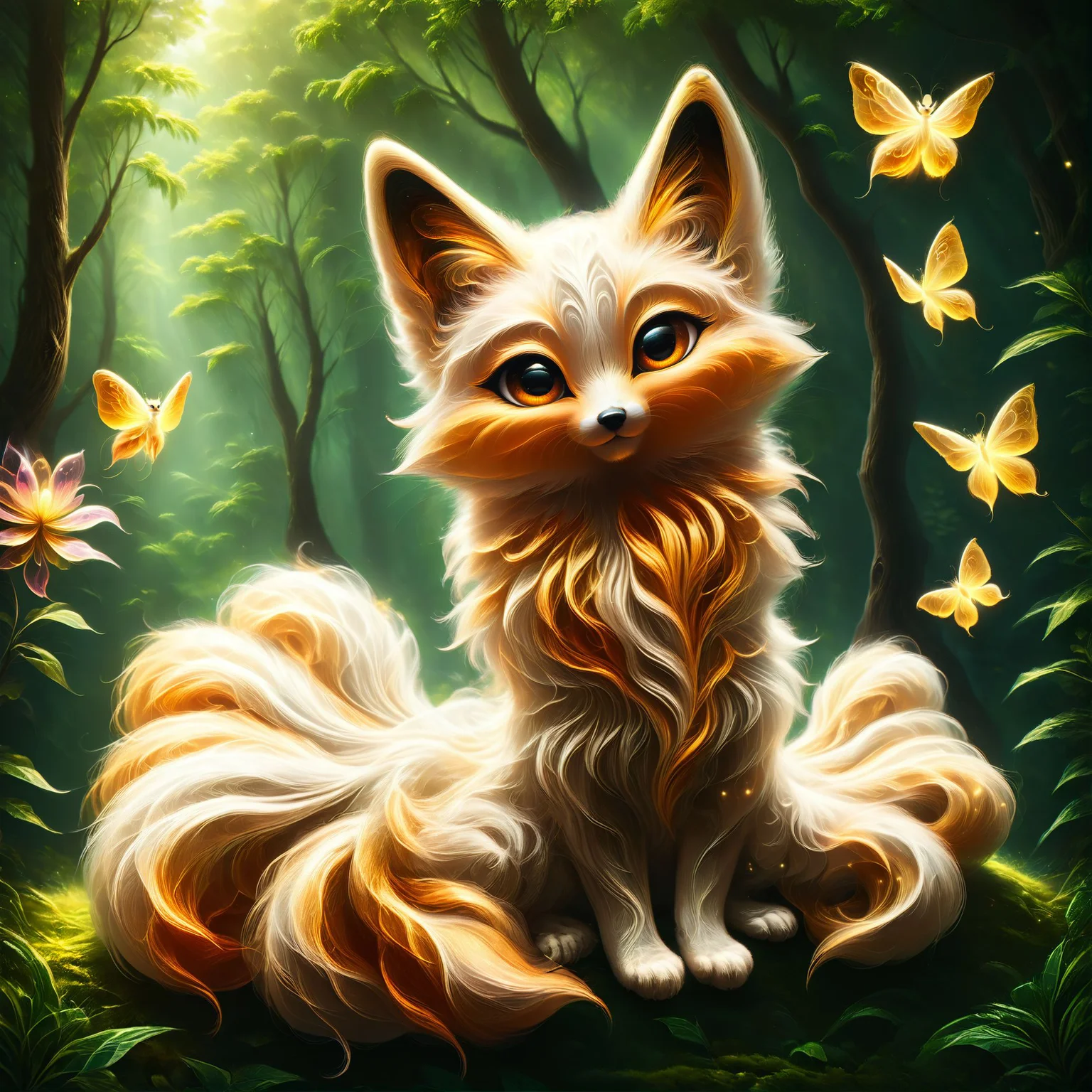 (zPDXL:1.3) BREAK kitsune made of mad-wsps, (nine massive tails:1.2), white fox, furry, lush fur, beautiful crystal clear eyes, (cute:1.2), full body,(from side, head tilt:1.4),zhibi, sitting ,transparent glowing butterflies made of mad-wsps, chibi, looking at viewer, (in magical forest:1.2), aethereal, mysterious,
BREAK high contrast, best quality, highres, extremely detailed ,8k, sharp, crisp, trending on artstation, (aesthetic,intricate details, Rutkowski inspired intricacies:1.4), dramatic lighting, (cinematic:1.2), octane render, vivid colors,
<lora:add-detail-xl:2.0> , <lora:quality1:0.8>, <lora:zhibi:1.2> , <lora:Wisps_of_Light_Pony:0.75>, <lora:SDXLFaeTastic2400:1.3>